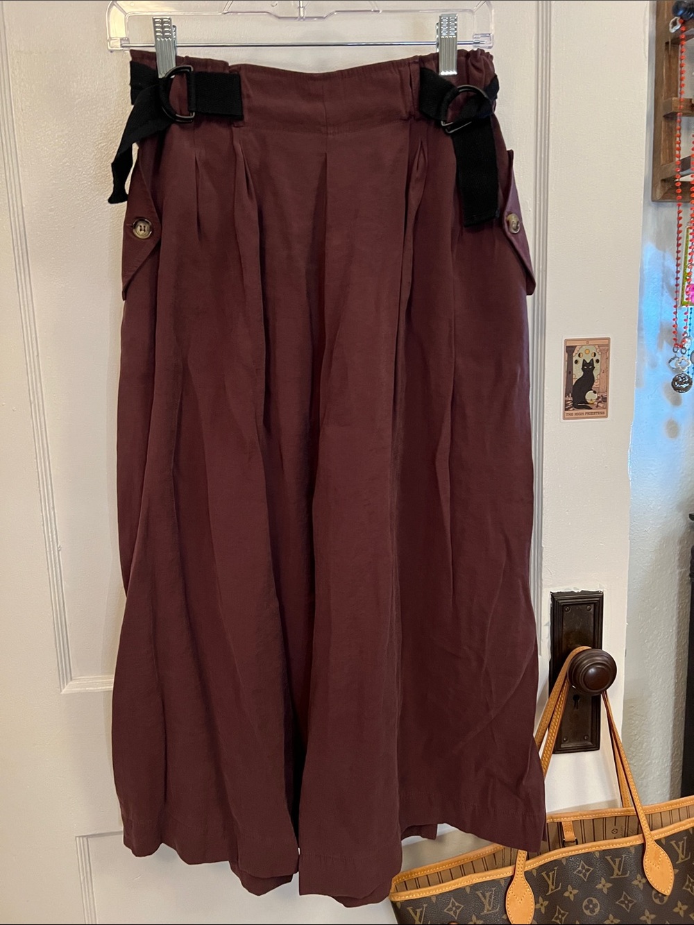 Anthropologie Burgundy Brown Utility Wide Leg Flowy Pant with Buckle Details